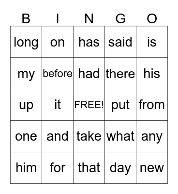 Sight Words Bingo  Bingo Card