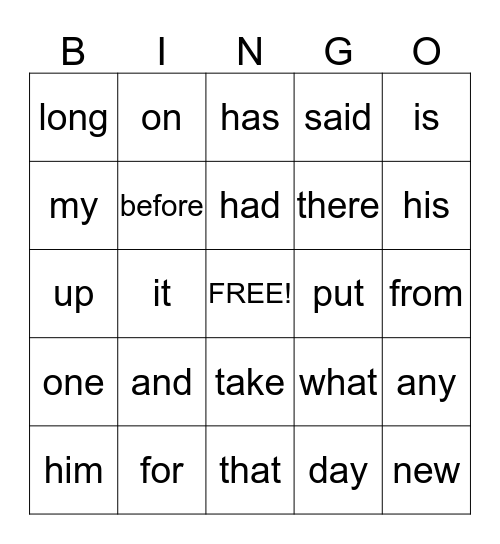 Sight Words Bingo  Bingo Card