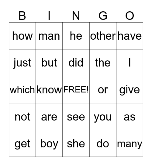 Sight Words Bingo  Bingo Card