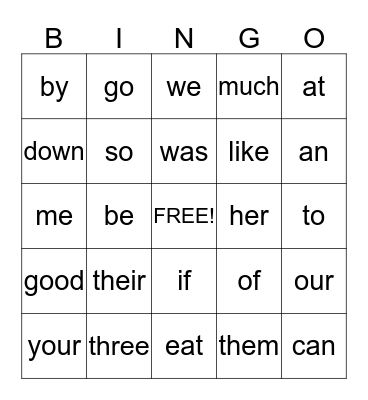 Sight Words Bingo  Bingo Card