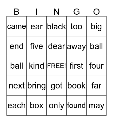 Sight Words Bingo  Bingo Card