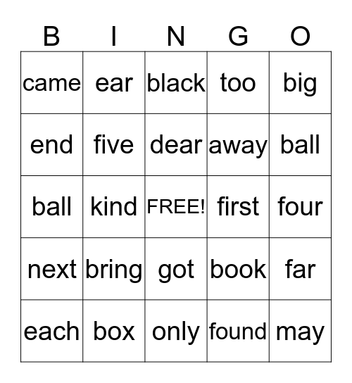 Sight Words Bingo  Bingo Card