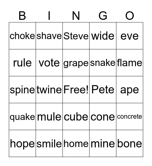 Silent e  Bingo Card