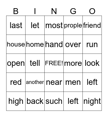 Sight Words Bingo  Bingo Card