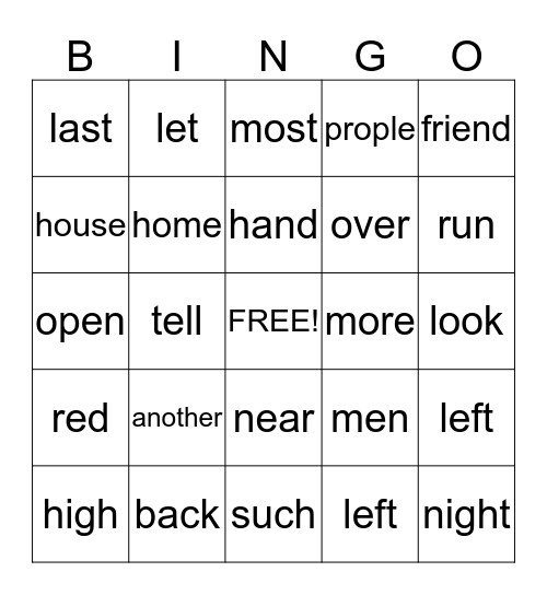 Sight Words Bingo  Bingo Card