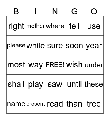 Sight Words Bingo  Bingo Card
