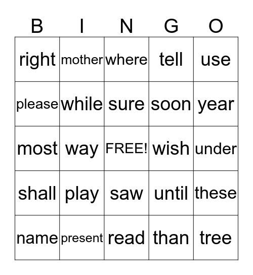Sight Words Bingo  Bingo Card