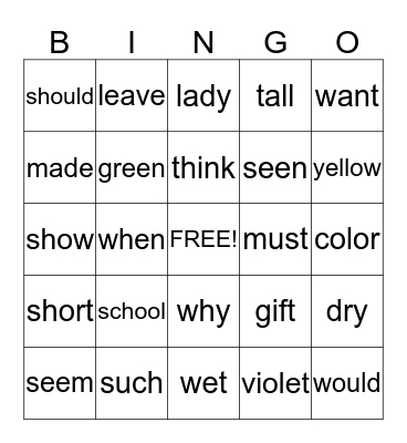 Sight Words Bingo  Bingo Card