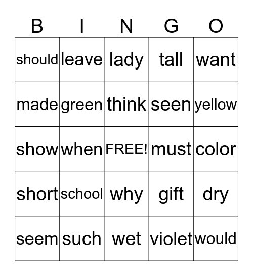 Sight Words Bingo  Bingo Card
