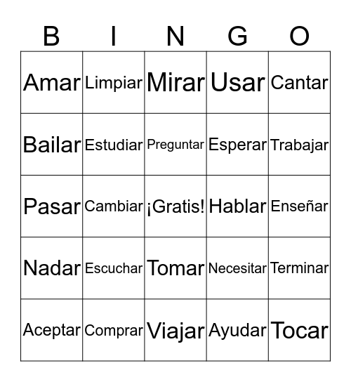 AR Verbs -Infinitives (Spanish I) Bingo Card