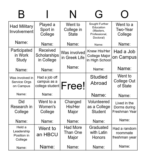 College Week Bingo Card