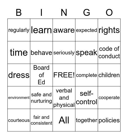 Expected Behaviors Bingo Card