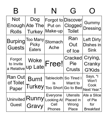 Thanksgiving Disasters Bingo Card