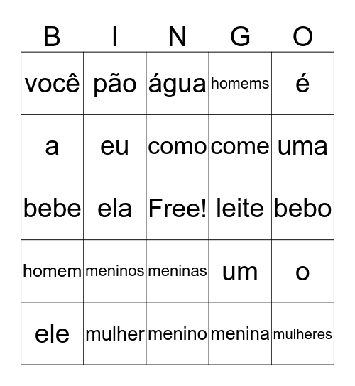 Portuguese Bingo Card