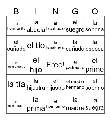 Family Vocab (Spanish II) Bingo Card