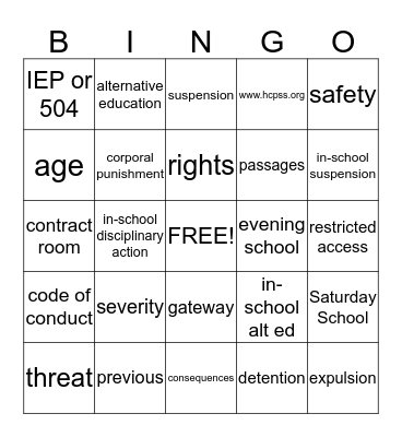 Consequences for Violations Bingo Card