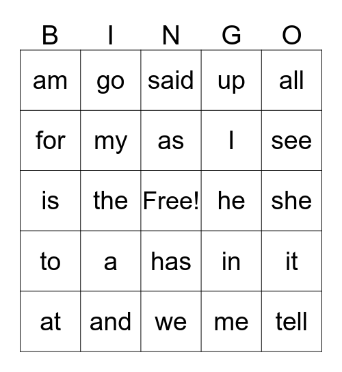 Sight Words 1 Bingo Card