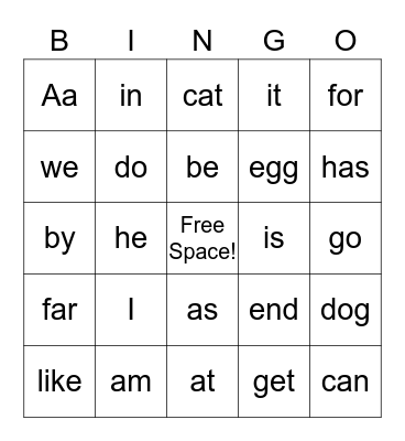 Sight Words Bingo Card