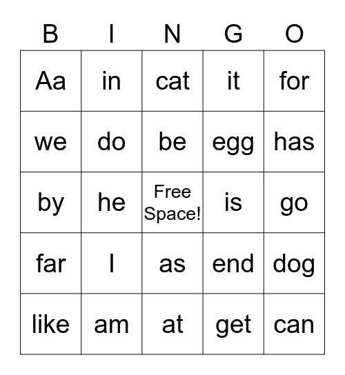 Sight Words Bingo Card