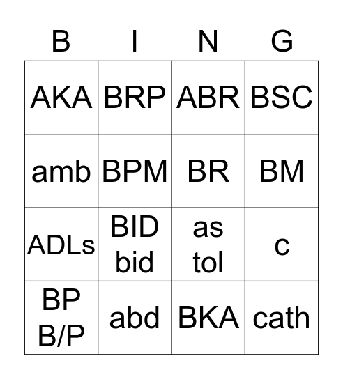 Abbreviations Section 1 Bingo Card