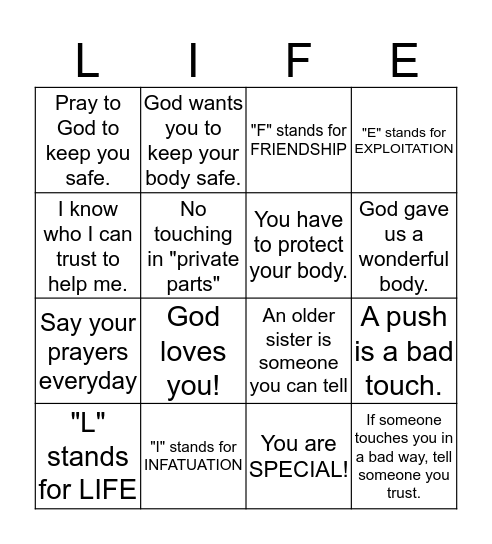 LIFE Bingo Card