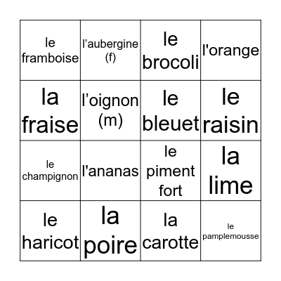 Les fruits et les légumes Bingo Card