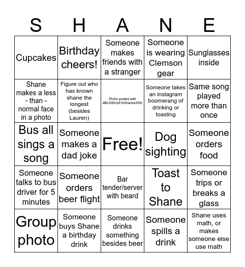 Shane's Birthday Bingo Card