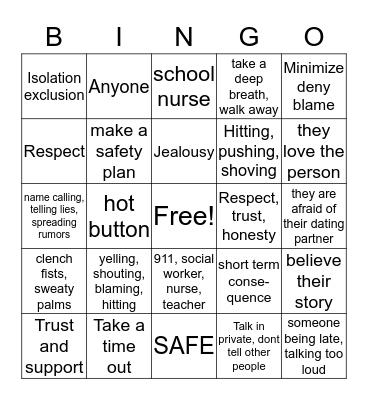 SafeDates Bingo Card