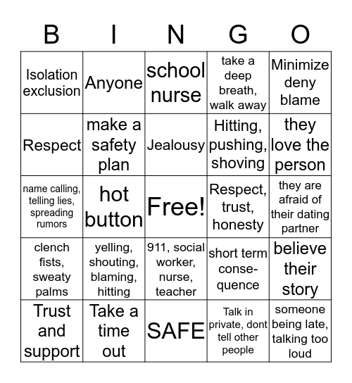 SafeDates Bingo Card