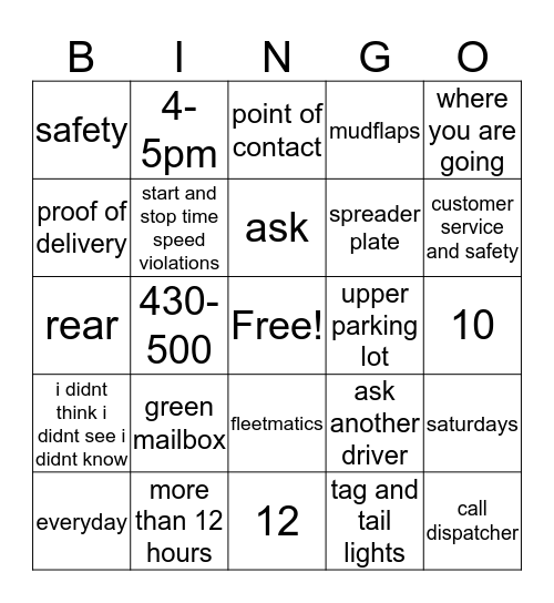 safety Bingo Card