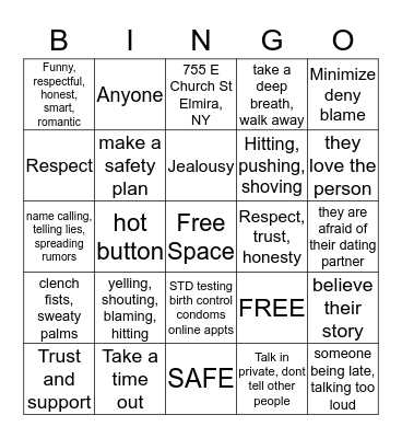 SafeDates Bingo Card