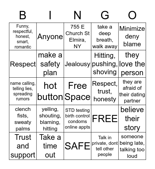 SafeDates Bingo Card