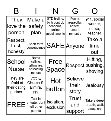 SafeDates Bingo Card
