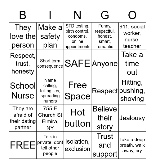 SafeDates Bingo Card