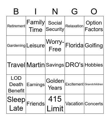 Retirement Bingo Card
