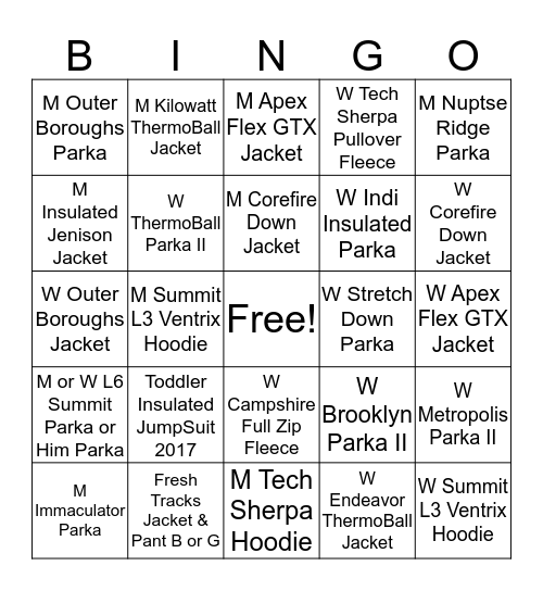 Jacket Selling Bingo Card