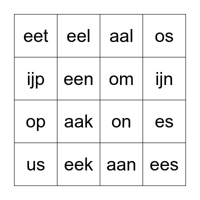Tweeklankclusters na                            aap, op, eet, ijs Bingo Card