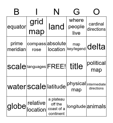 Map Skills Bingo Card