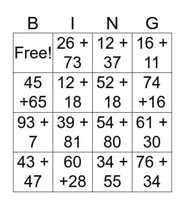 Mental Computation Bingo Card
