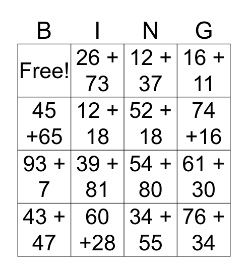 Mental Computation Bingo Card