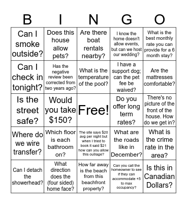 Special Traveler Bingo Card