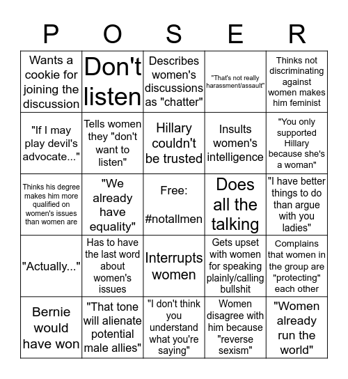 Fake Feminist Ally Bingo Card