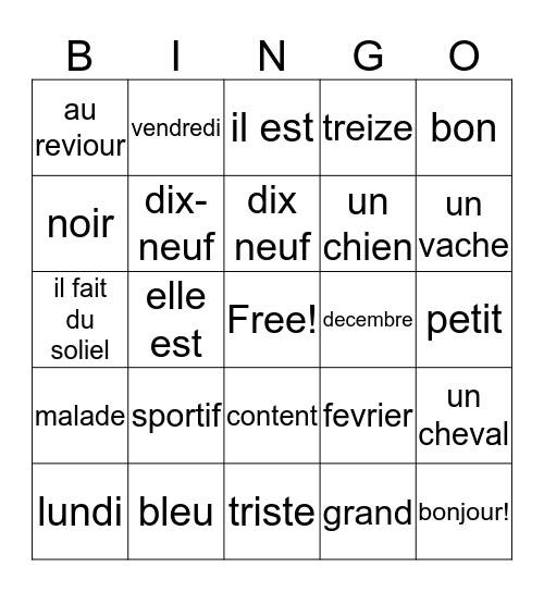 Les Mots Francais Bingo Card