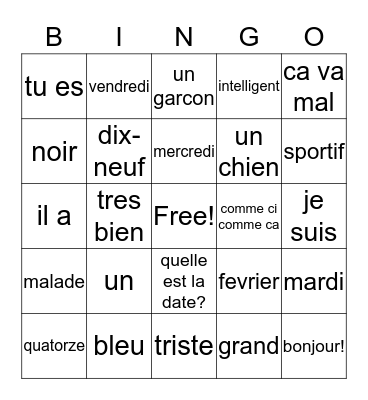 Les Mots Francais Bingo Card