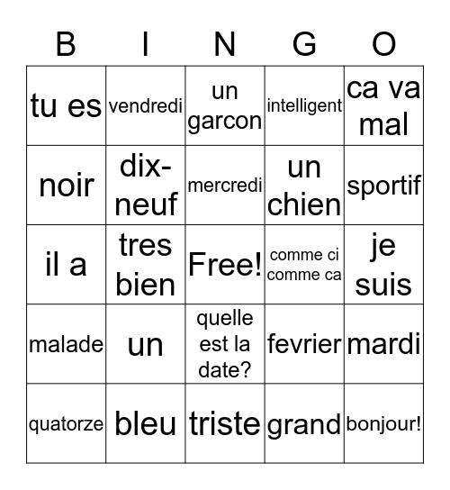 Les Mots Francais Bingo Card