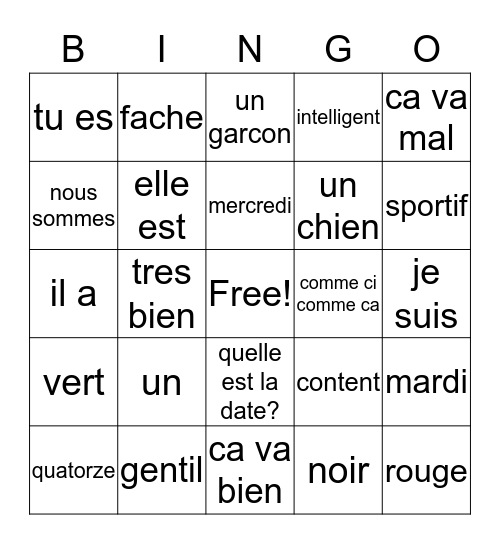 Les Mots Francais Bingo Card