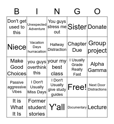 Mrs. Smith Bingo Card