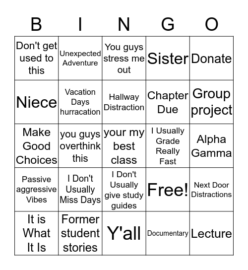 Mrs. Smith Bingo Card