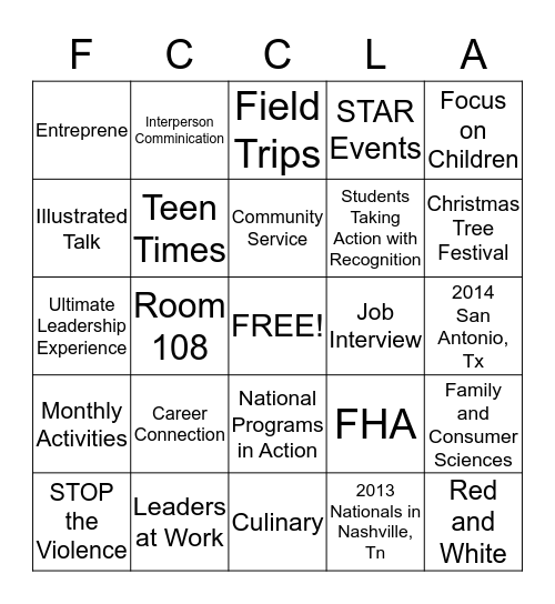 FCCLA Step One Bingo Card