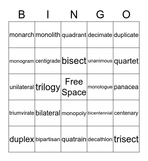 Classical Roots "A" vocabulary 1,2 Bingo Card